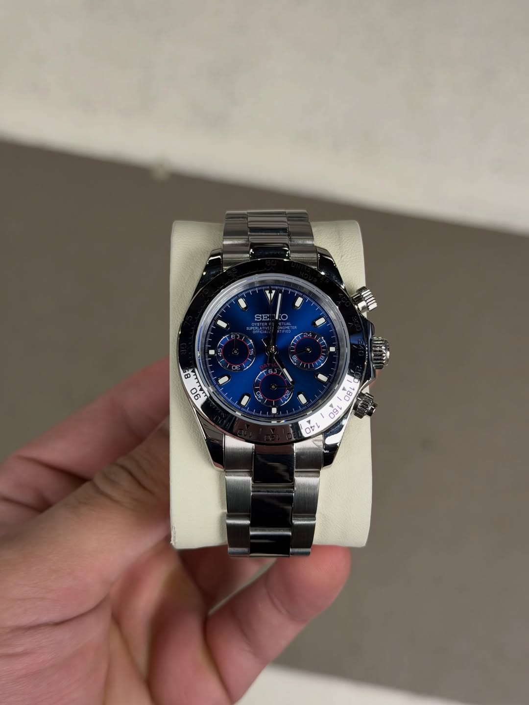 Dark Blue Chronograph Seiko mod watch front view with detailed dial