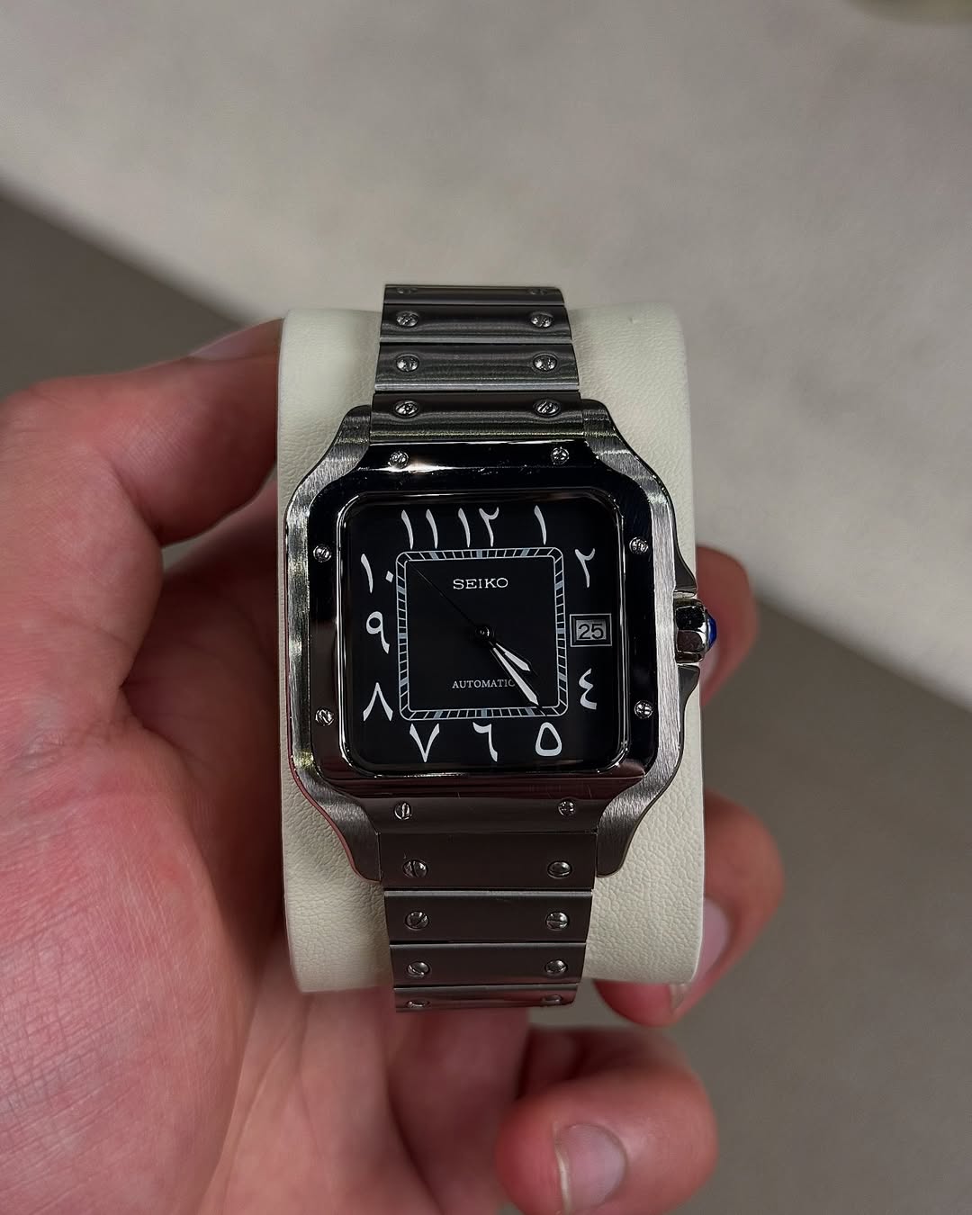 Black Arabic Seiko mod watch front view with detailed dial