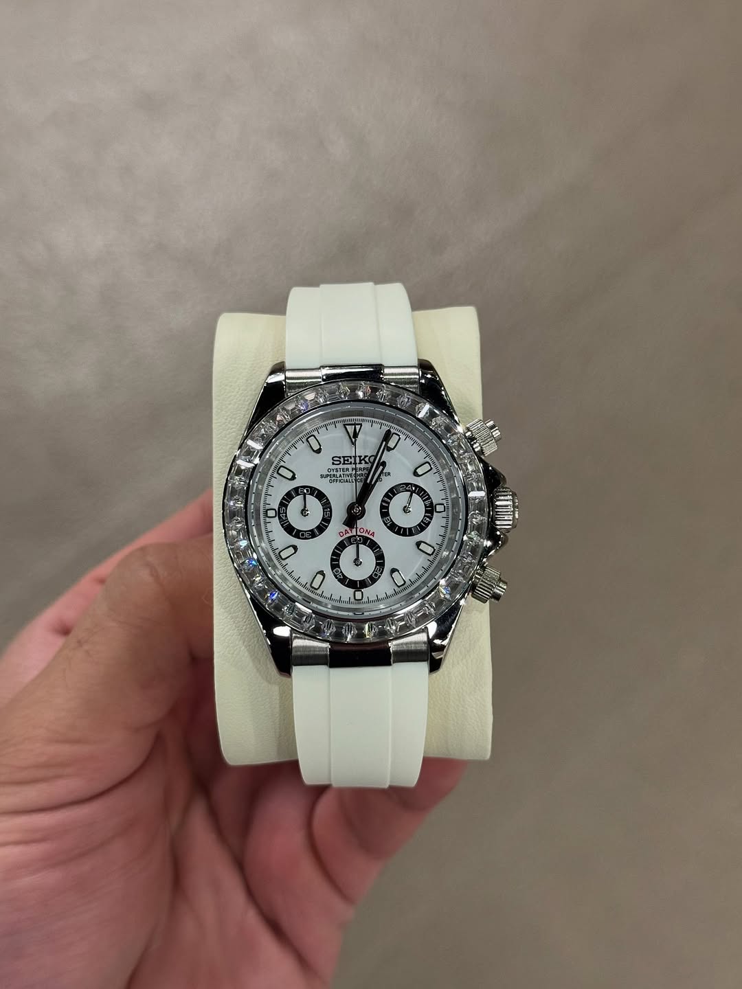 White Diamond Flex Chronograph Seiko mod watch front view with detailed dial