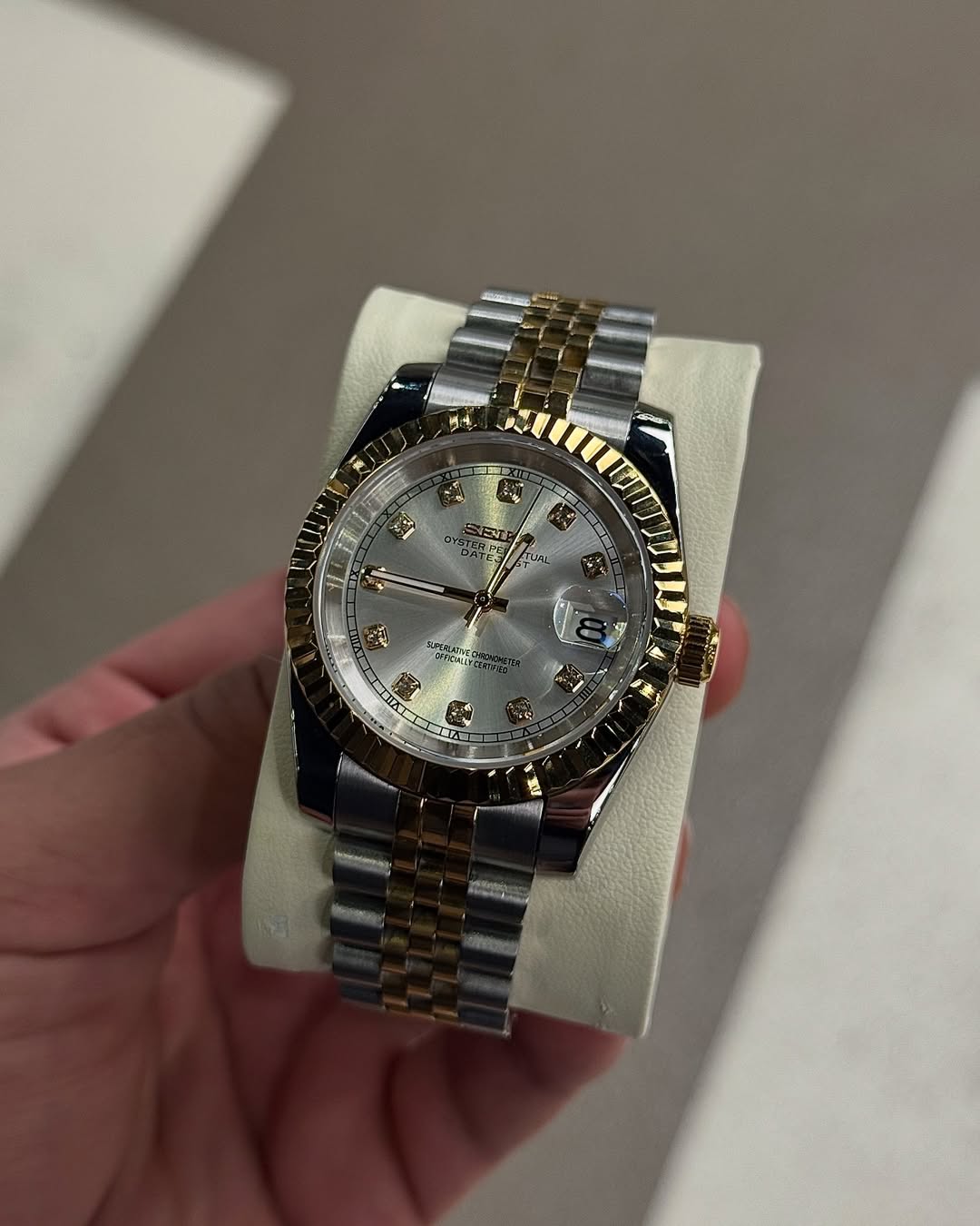 Golden Diamond Dial Seiko mod watch close-up with case and dial details