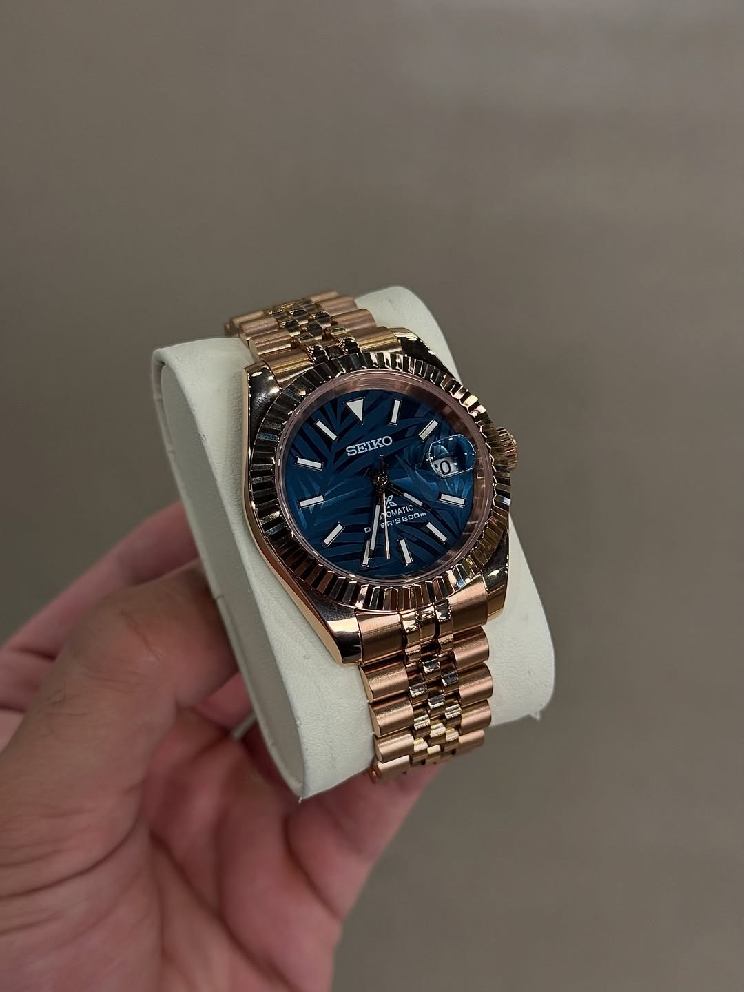 Rose Gold Dial Seiko mod watch close-up with case and dial details