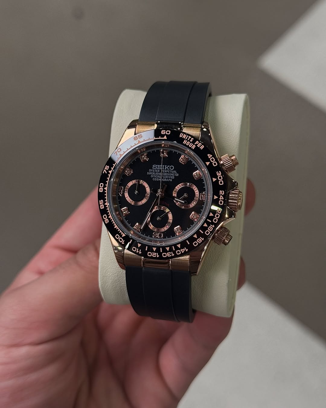 Caramel Diamond Flex Chronograph Seiko mod watch on wrist with luxury design
