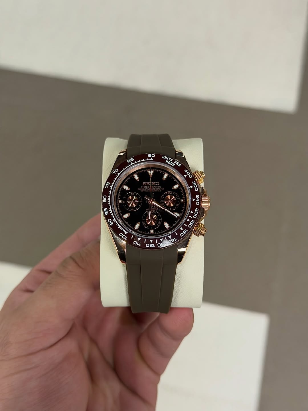 Caramel Brown Chronograph Seiko mod watch front view with detailed dial