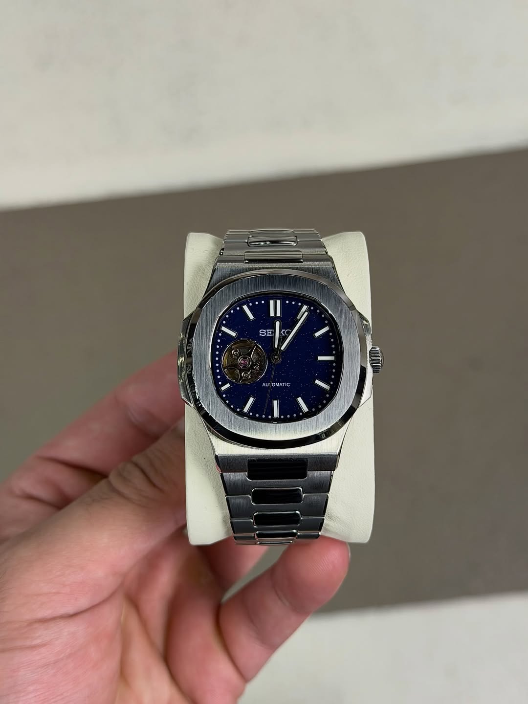 Blue Open Heart Seiko mod watch front view with detailed dial