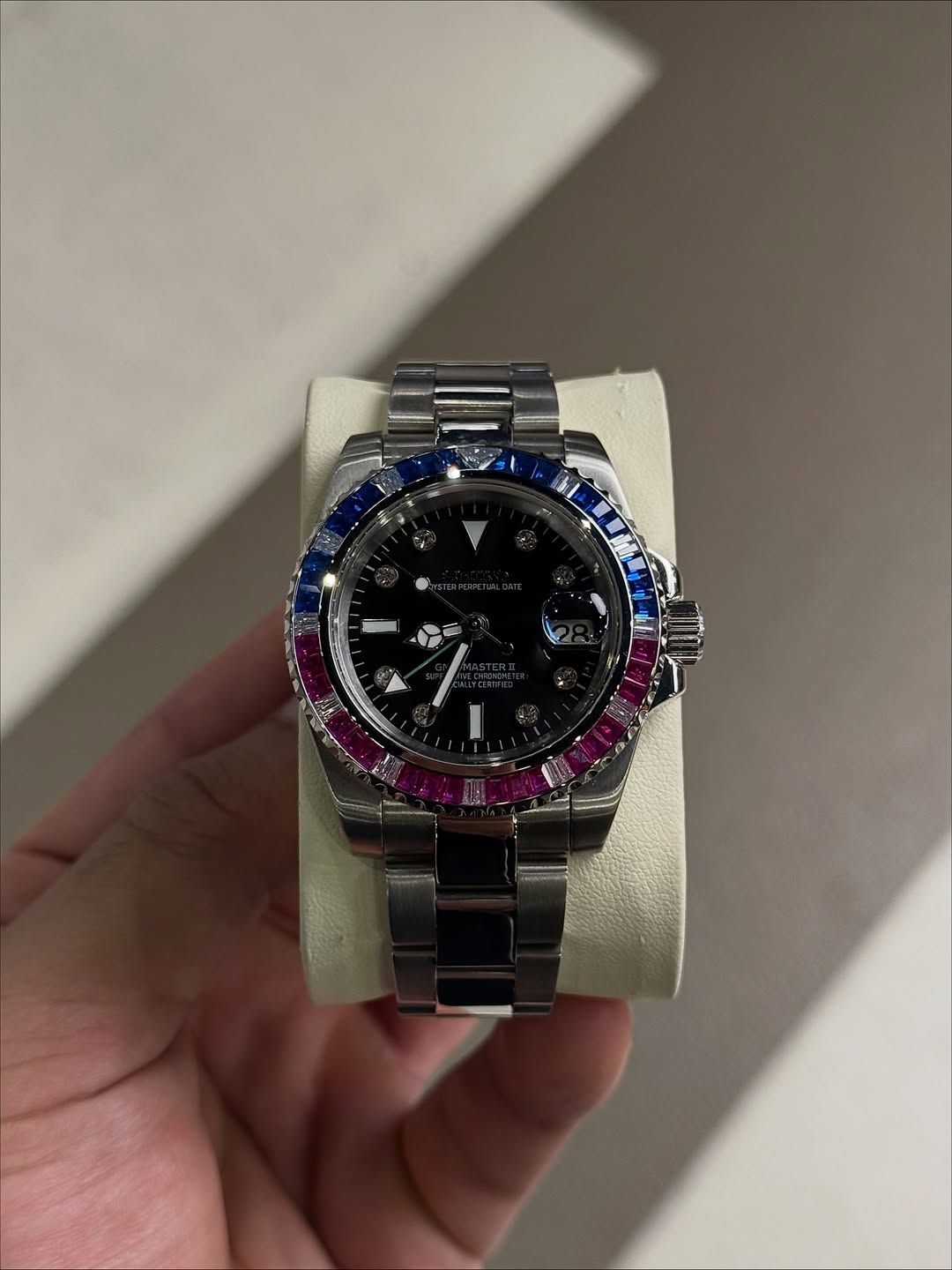 Infinity Majestic Gmt Seiko mod watch front view with detailed dial