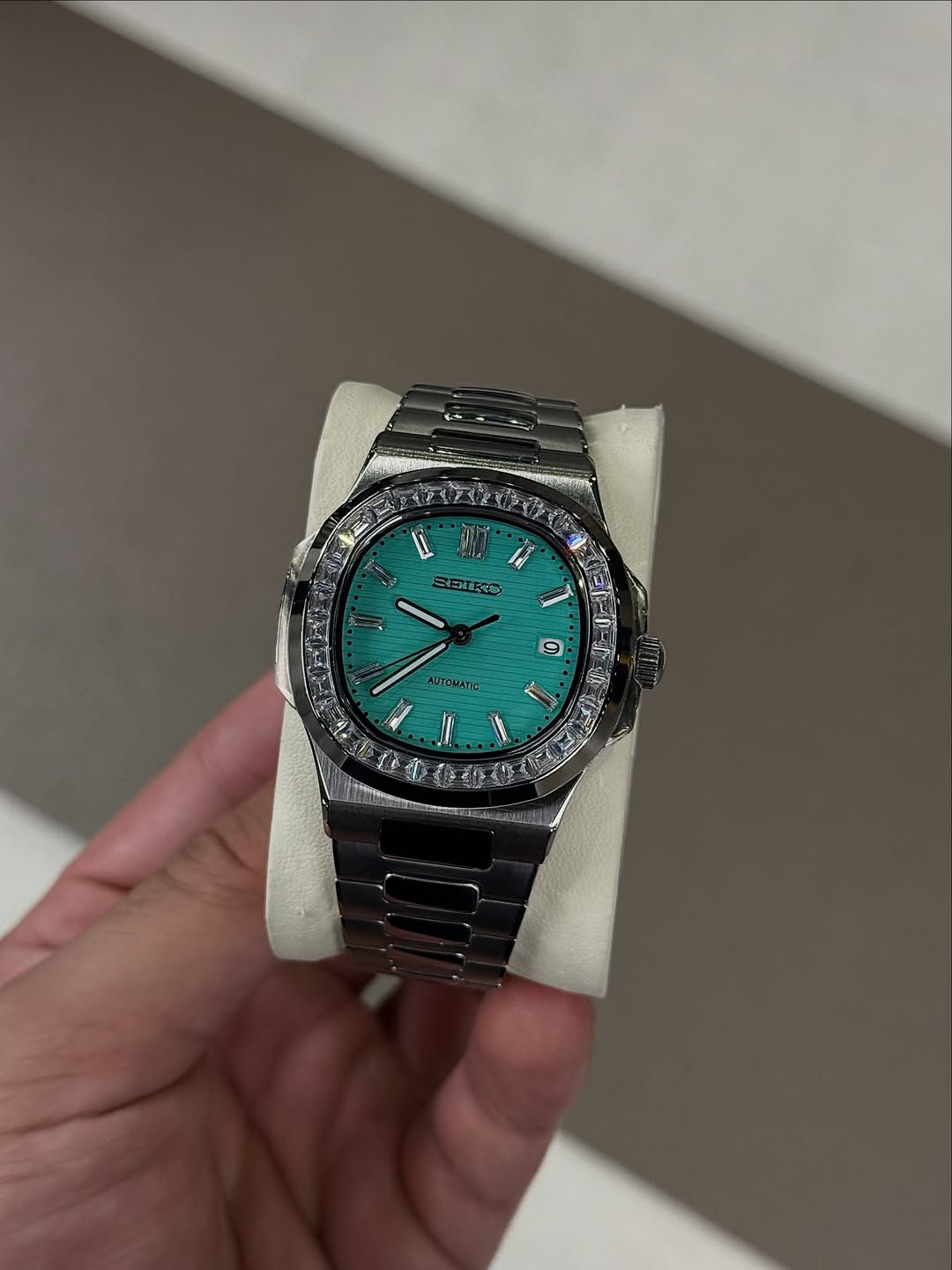 Tiffany Baguette Seiko mod watch close-up with case and dial details