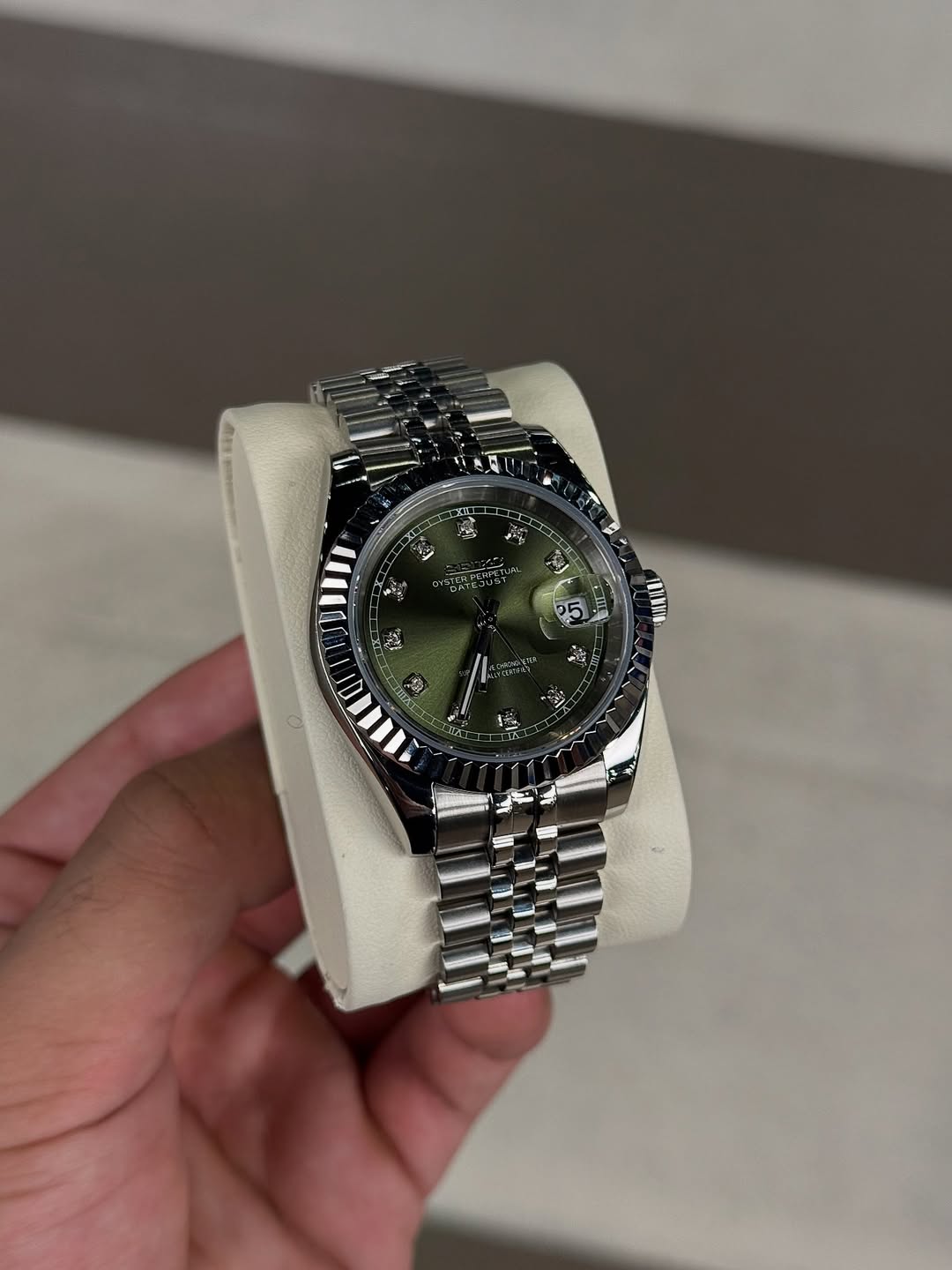 Olive Diamond Dial Seiko mod watch close-up with case and dial details