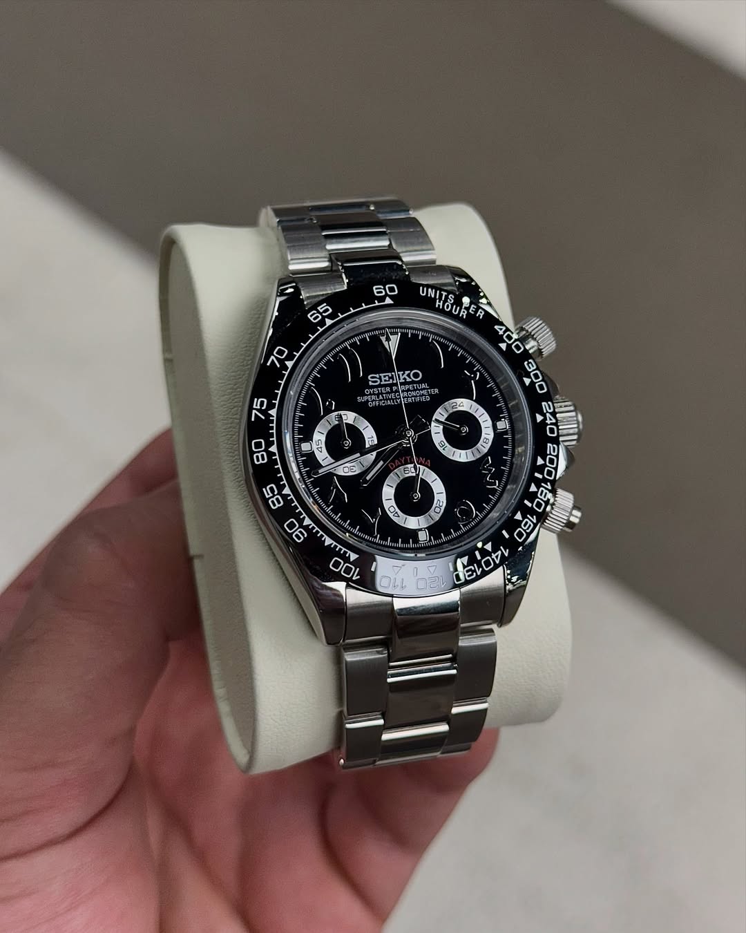 Panda Black Chronograph Seiko mod watch close-up with case and dial details