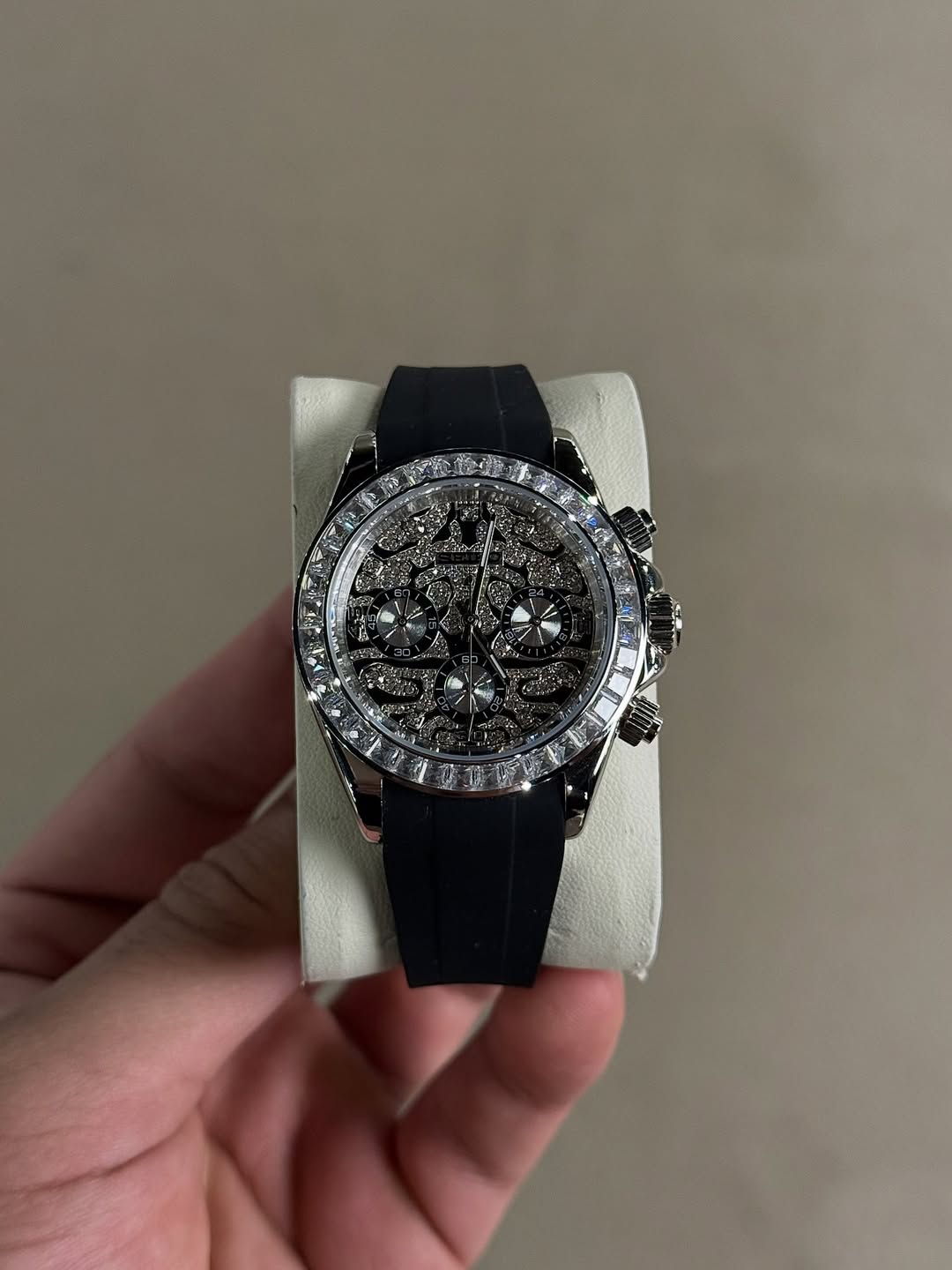 Tiger Silver Diamond Chronograph Seiko mod watch front view with detailed dial