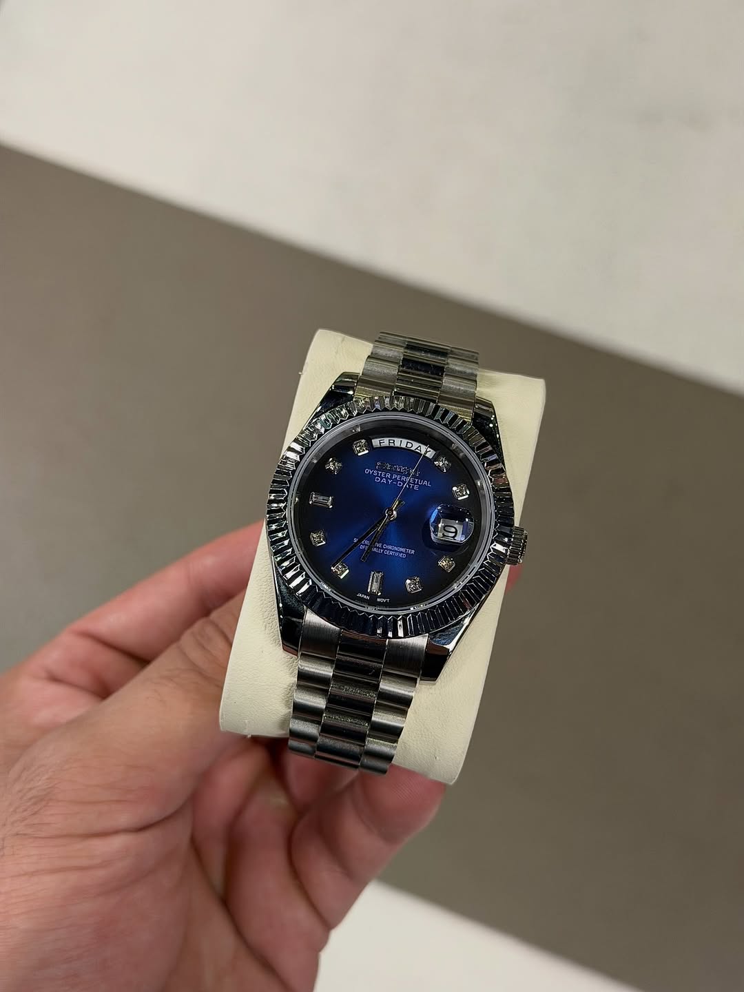 Royal Blue Luxury Seiko mod watch on wrist with luxury design