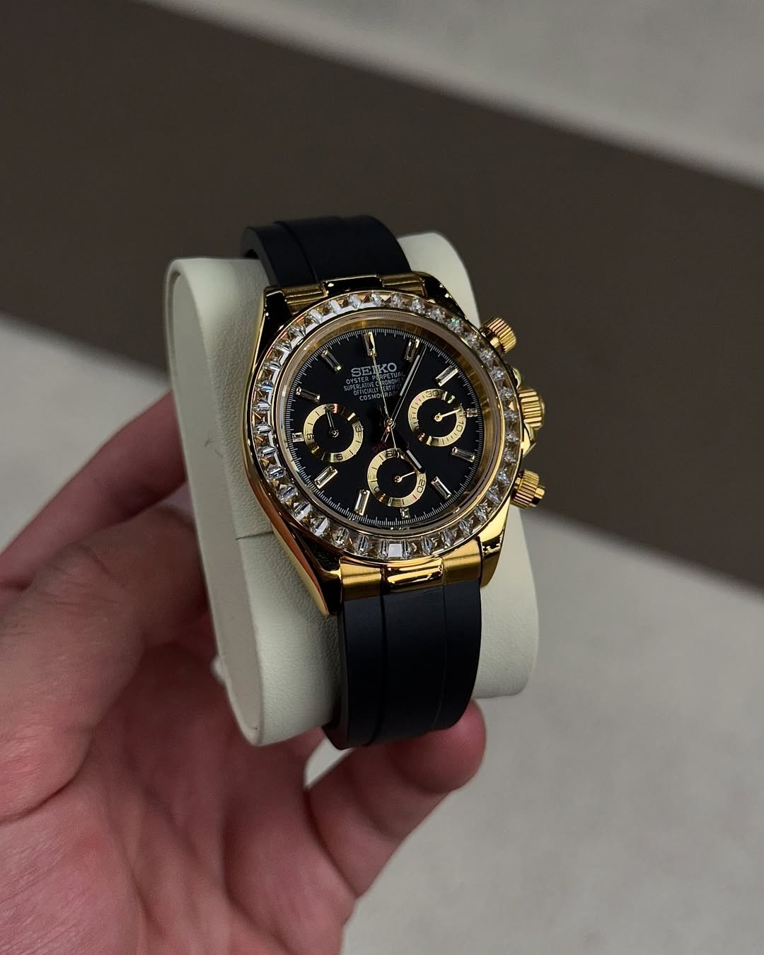 Gold Diamond Flex Chronograph Seiko mod watch on wrist with luxury design