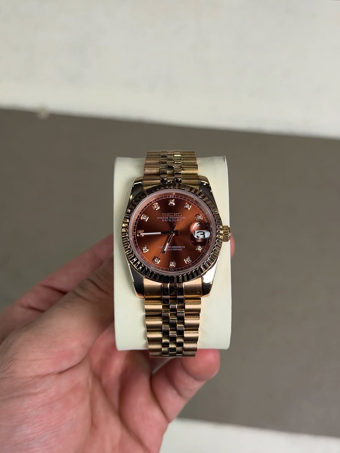 Rose Diamond Dial Seiko mod watch front view with detailed dial