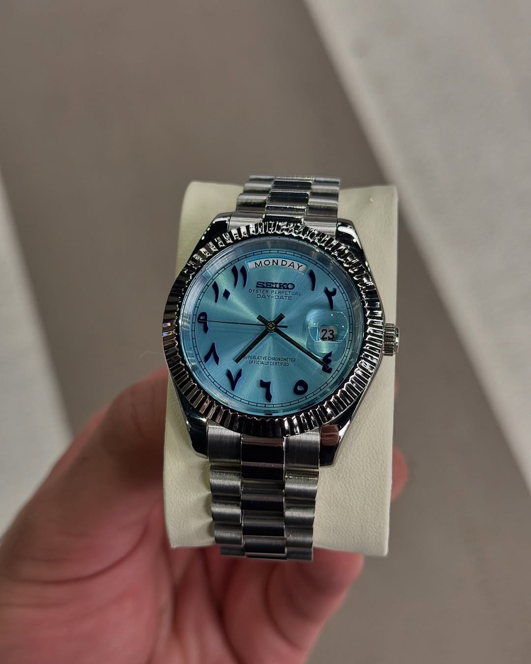 Tiffany Blue Seiko mod watch front view with detailed dial