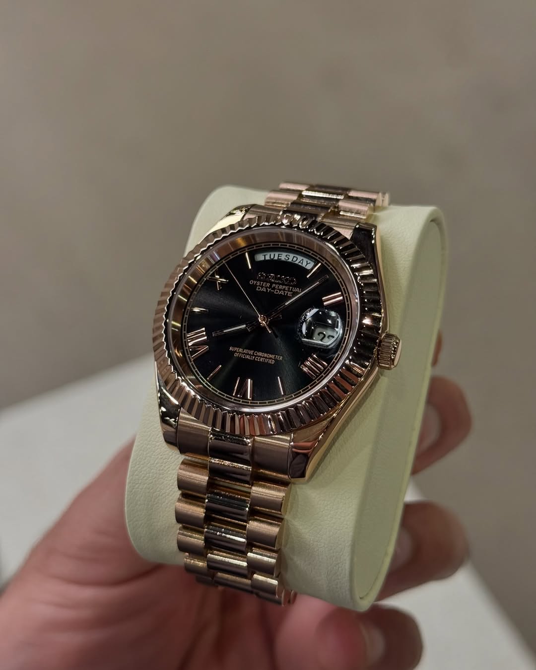 Gold Roman Seiko mod watch close-up with case and dial details