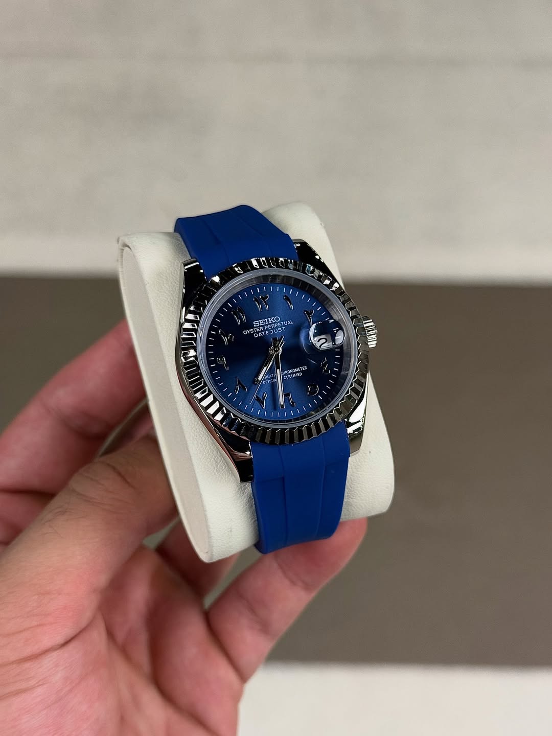 Sapphire Blue Dial Flex Seiko mod watch close-up with case and dial details