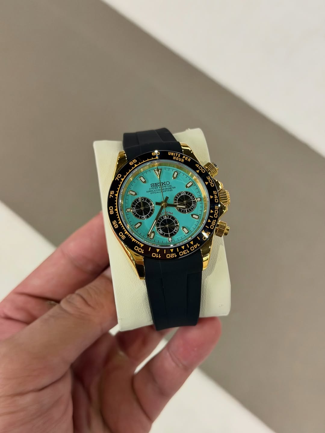 Turquoise Spark Chronograph Seiko mod watch close-up with case and dial details