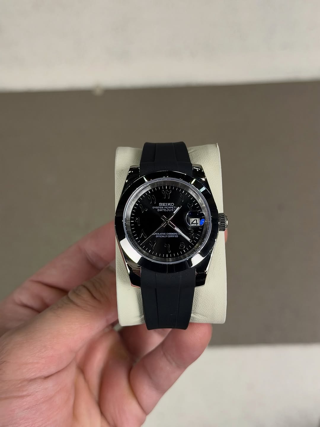 Black Arabic Dial Seiko mod watch front view with detailed dial