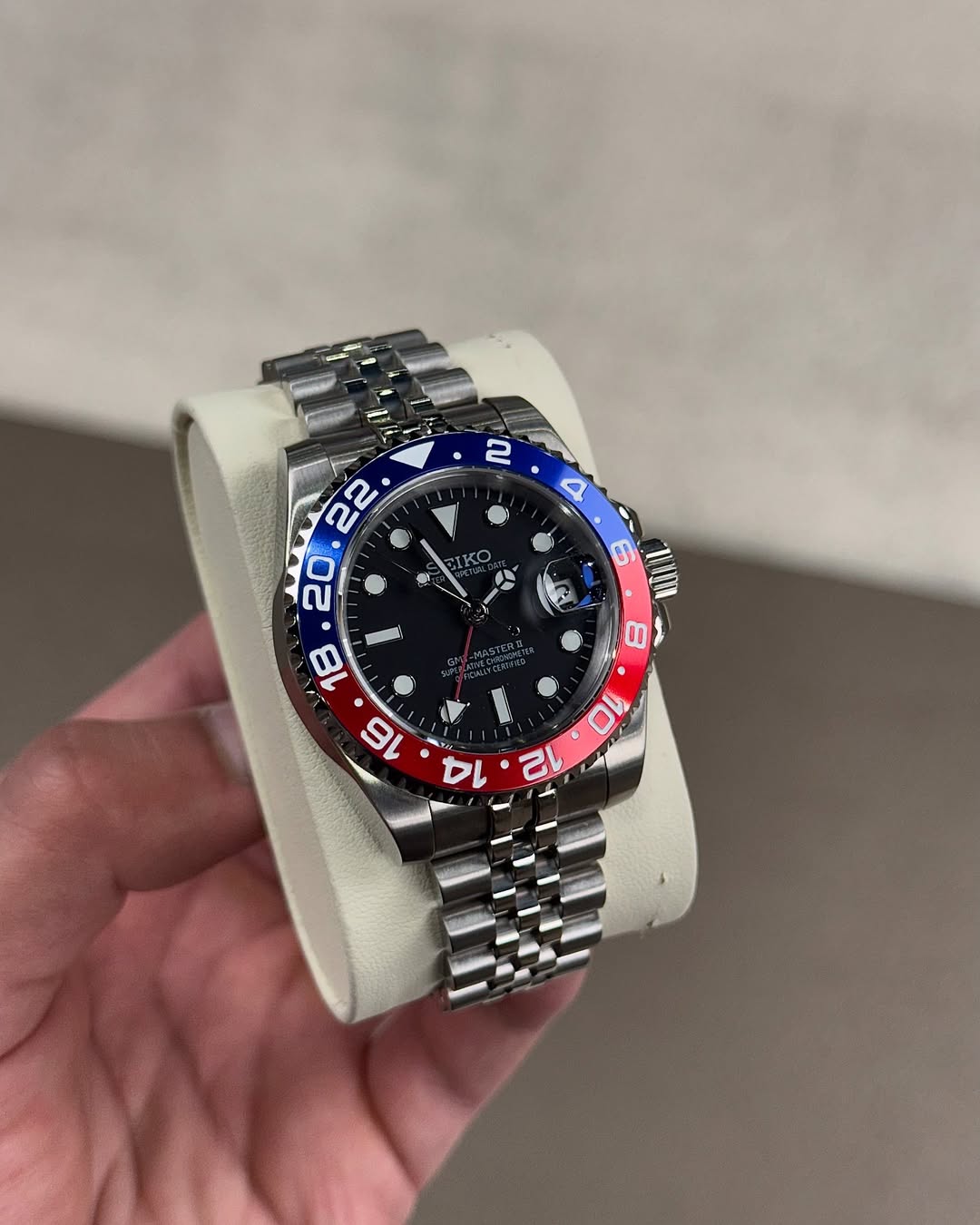 Twilight Duo Gmt Seiko mod watch close-up with case and dial details