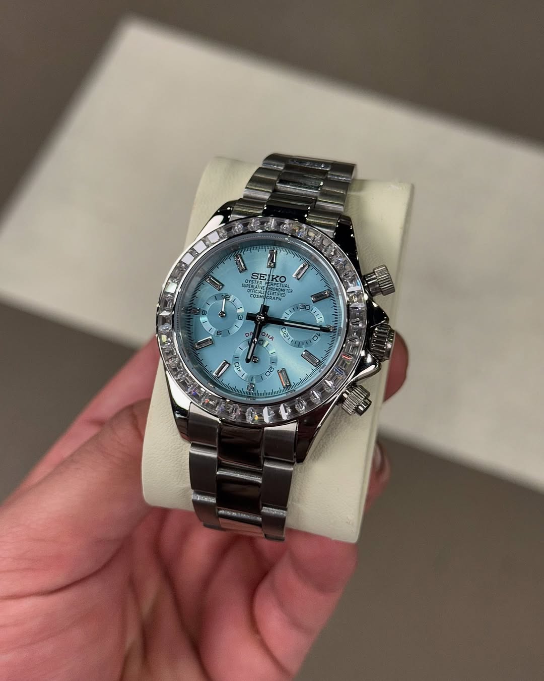 Ice Blue Diamond Chronograph Seiko Mod Seiko mod watch on wrist with luxury design
