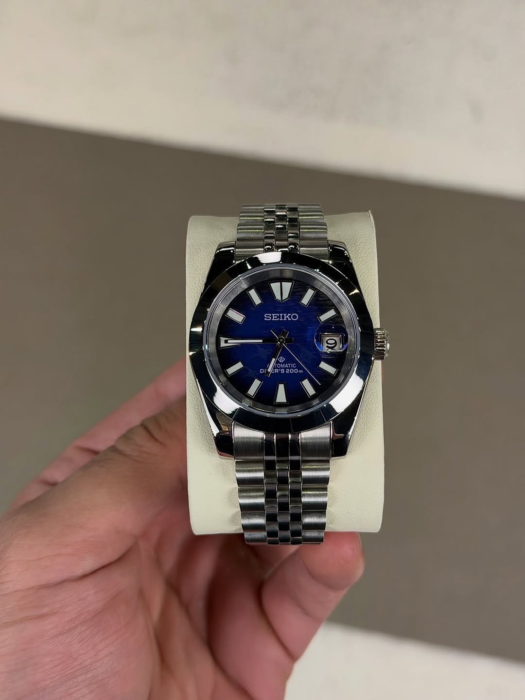 Ocean Blue Dial Seiko mod watch front view with detailed dial