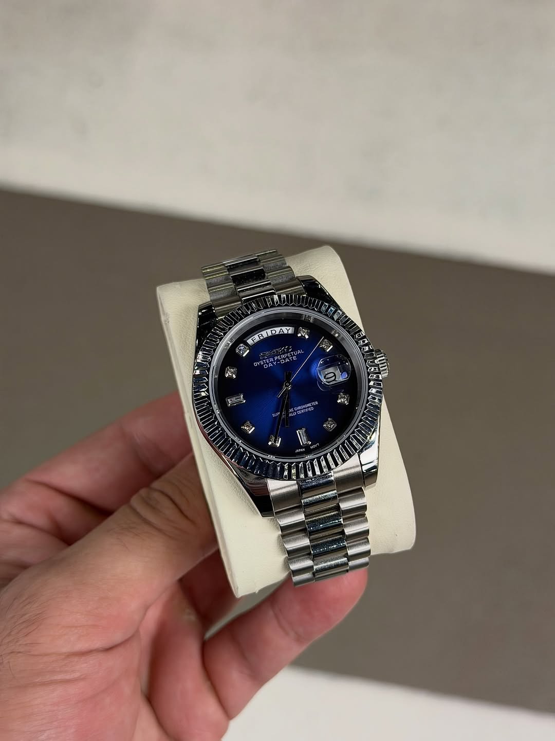 Royal Blue Luxury Seiko mod watch close-up with case and dial details