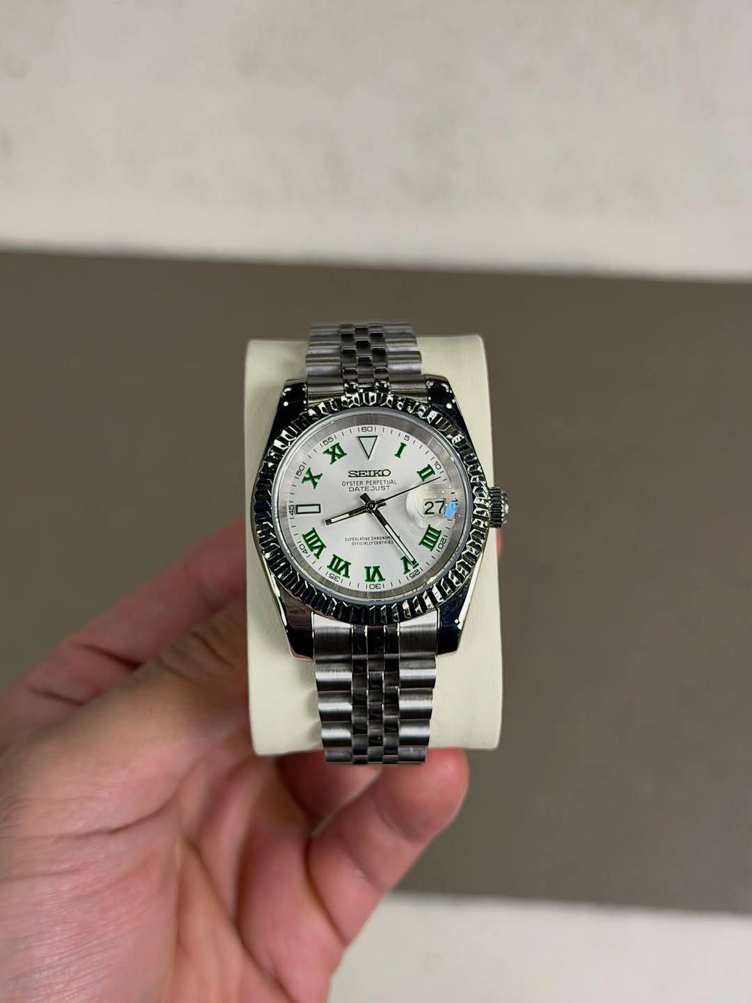 Hunter Green Dial Seiko mod watch front view with detailed dial