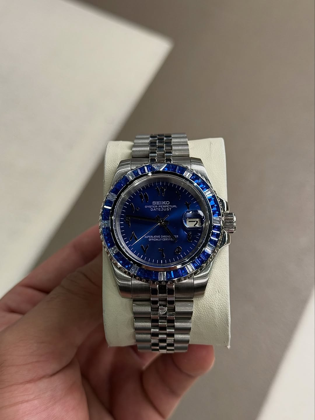 Sapphire Royal Blue Dial Seiko mod watch front view with detailed dial