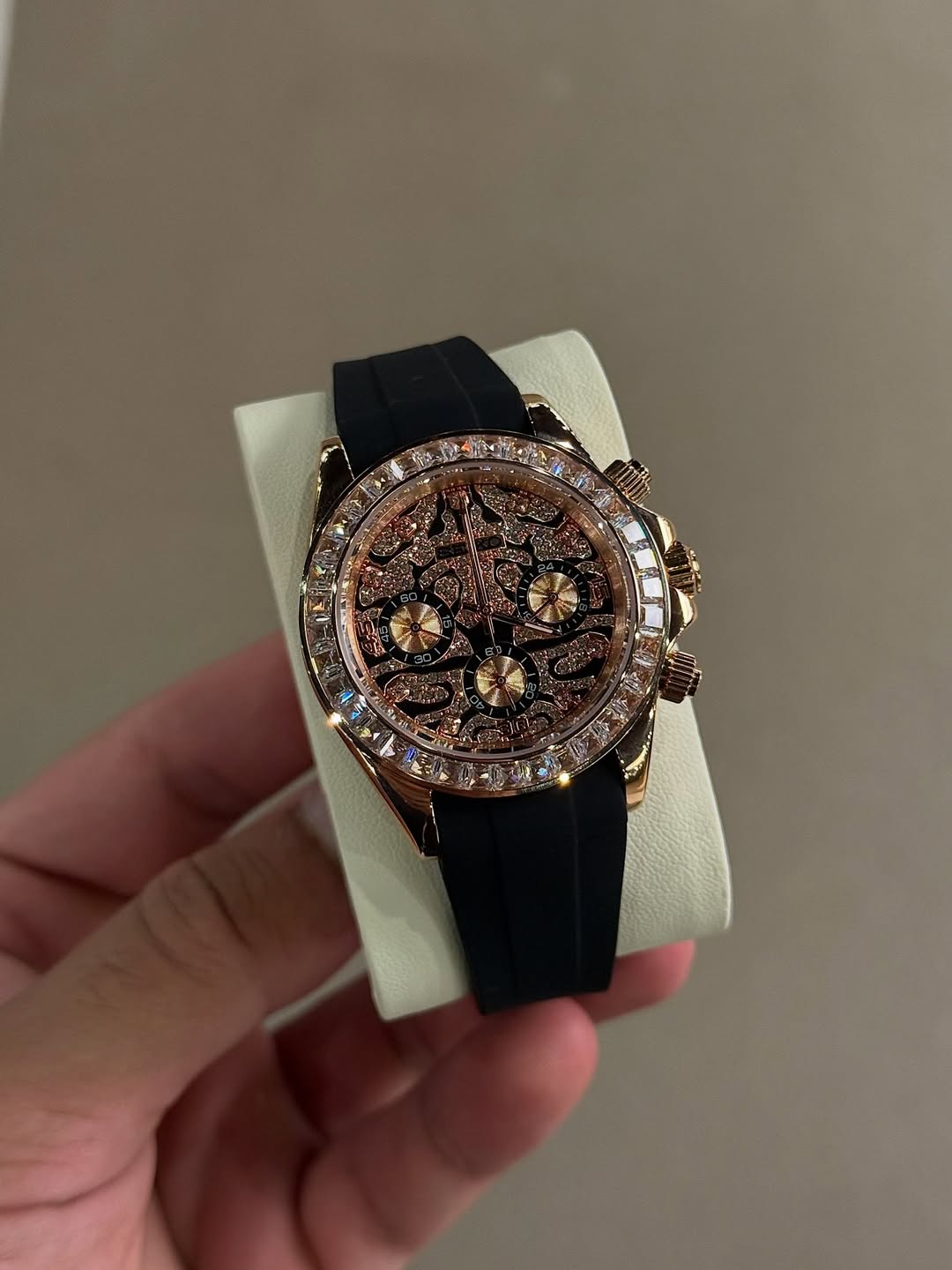 Tiger Rose Gold Diamond Chronograph Seiko mod watch close-up with case and dial details