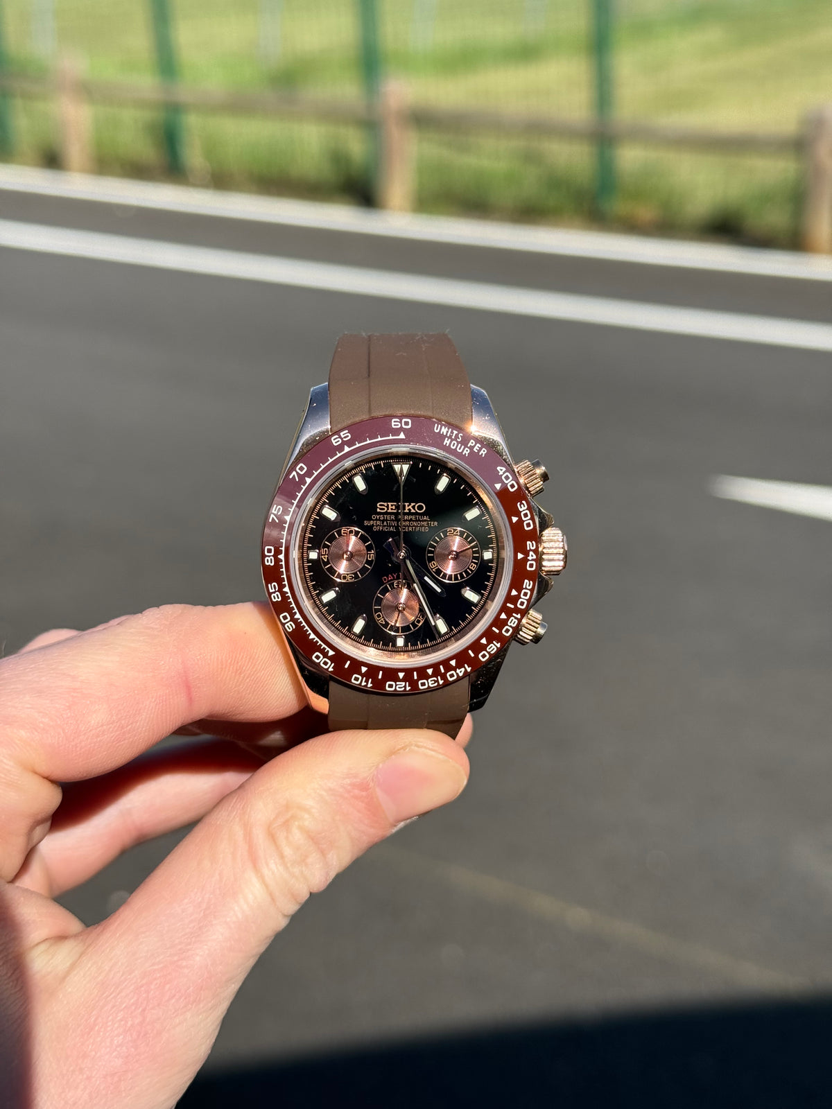 Bronze Roman Chronograph Seiko mod watch front view with detailed dial