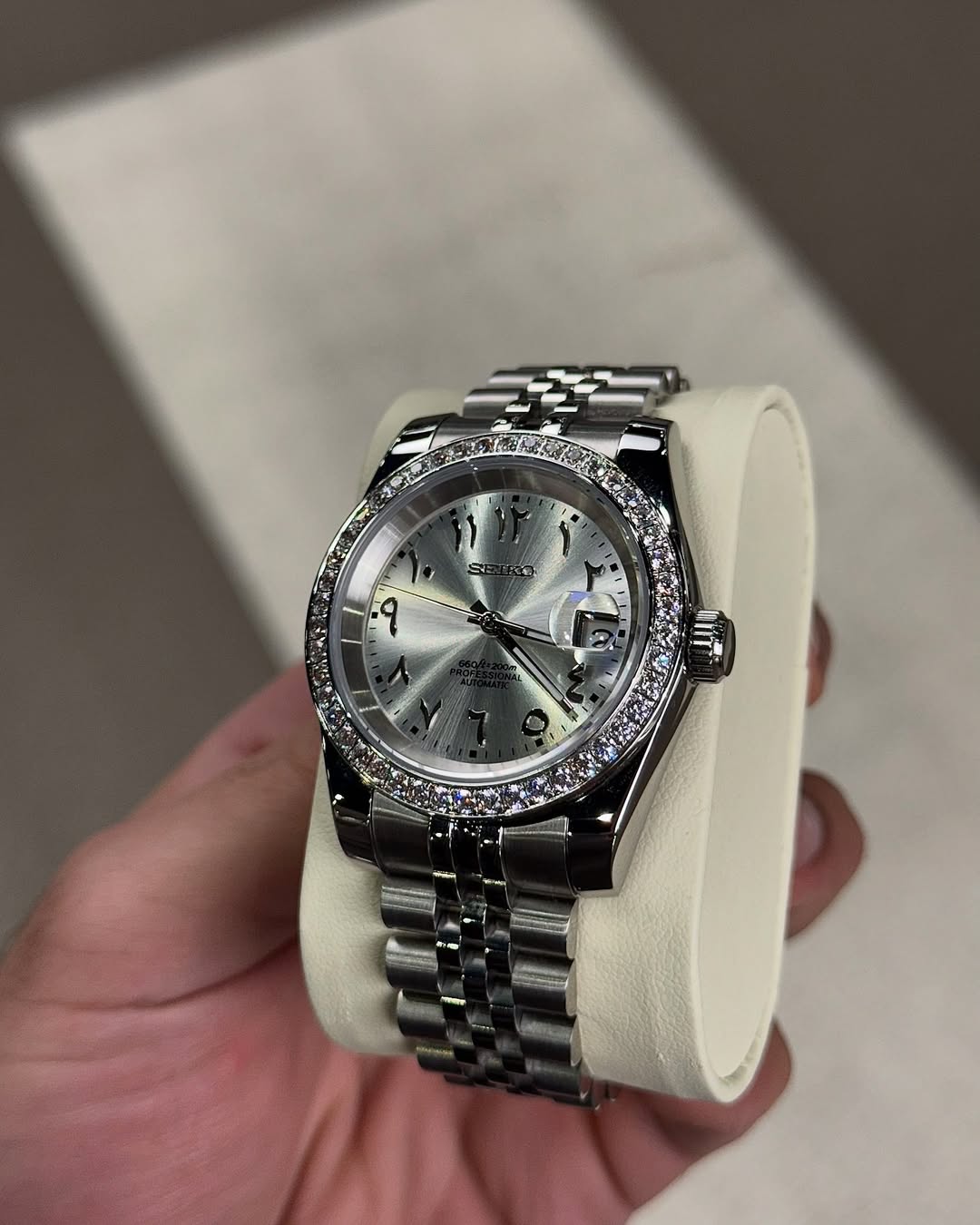 Titanium Diamond Arabic Dial Seiko mod watch close-up with case and dial details