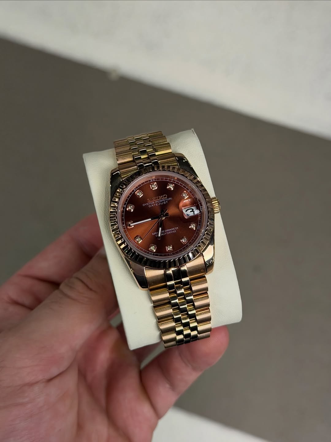 Rose Diamond Dial Seiko mod watch close-up with case and dial details