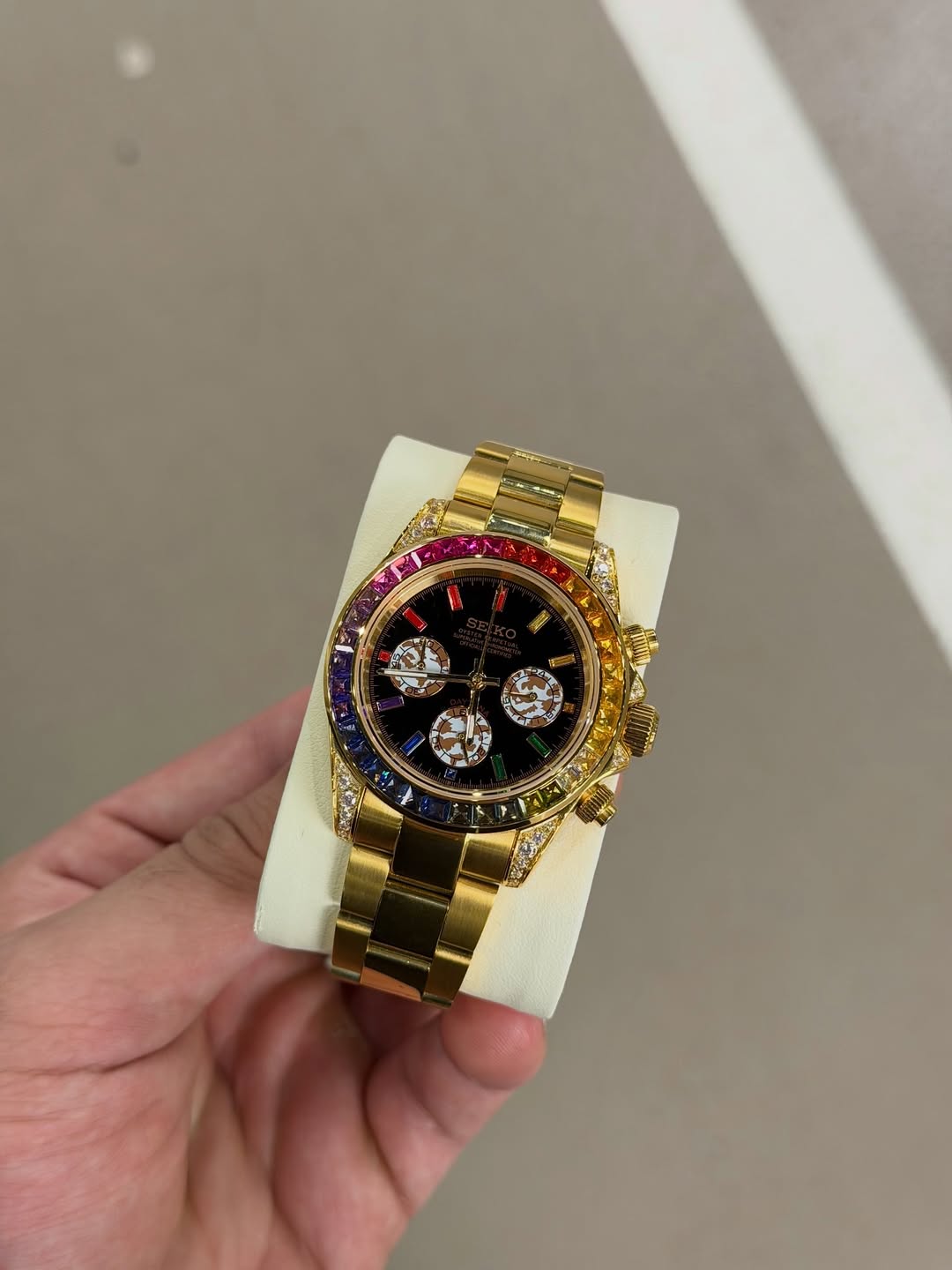 Gold Rainbow Diamond Chronograph Seiko mod watch close-up with case and dial details