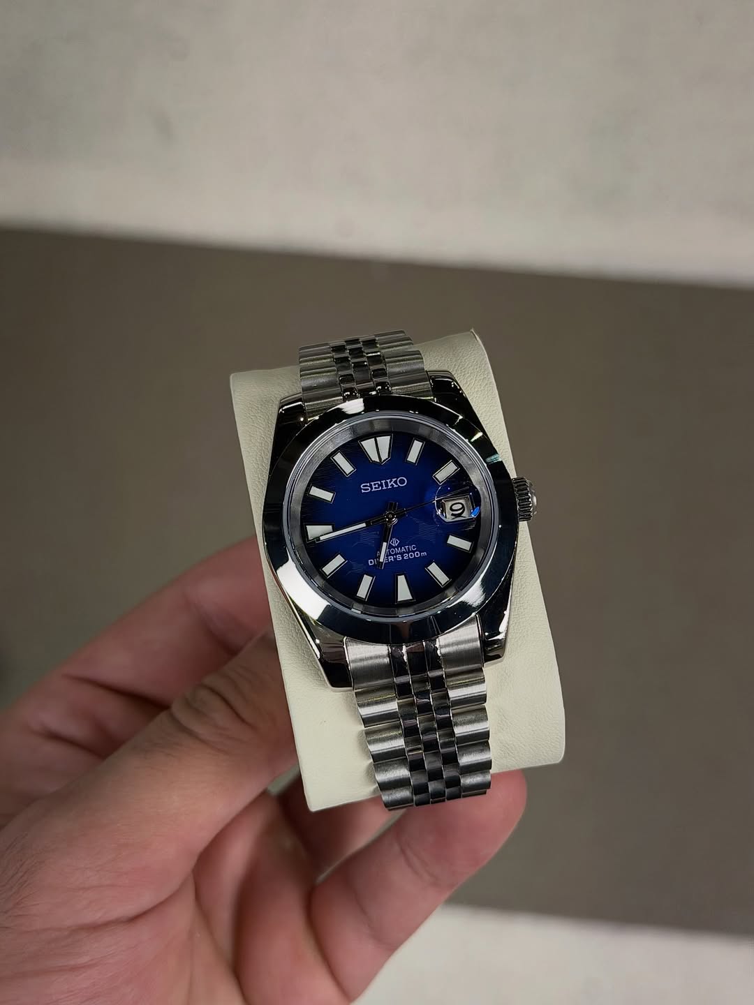Ocean Blue Dial Seiko mod watch close-up with case and dial details
