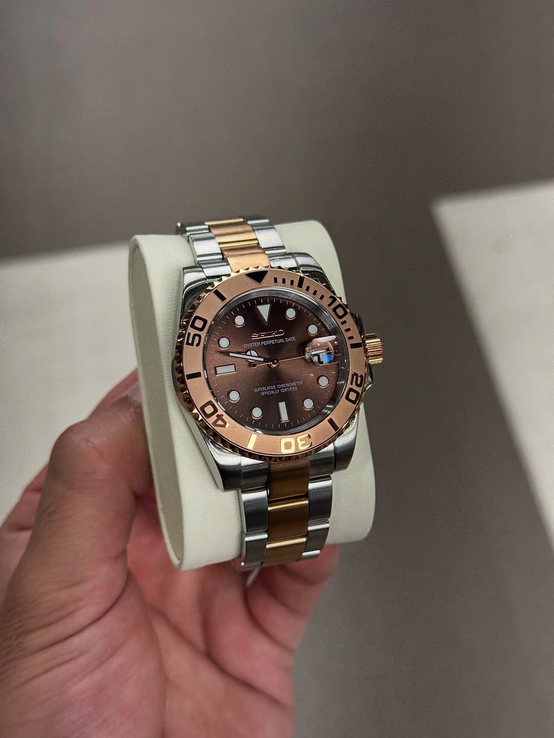 Camel Brown Gmt Seiko mod watch close-up with case and dial details