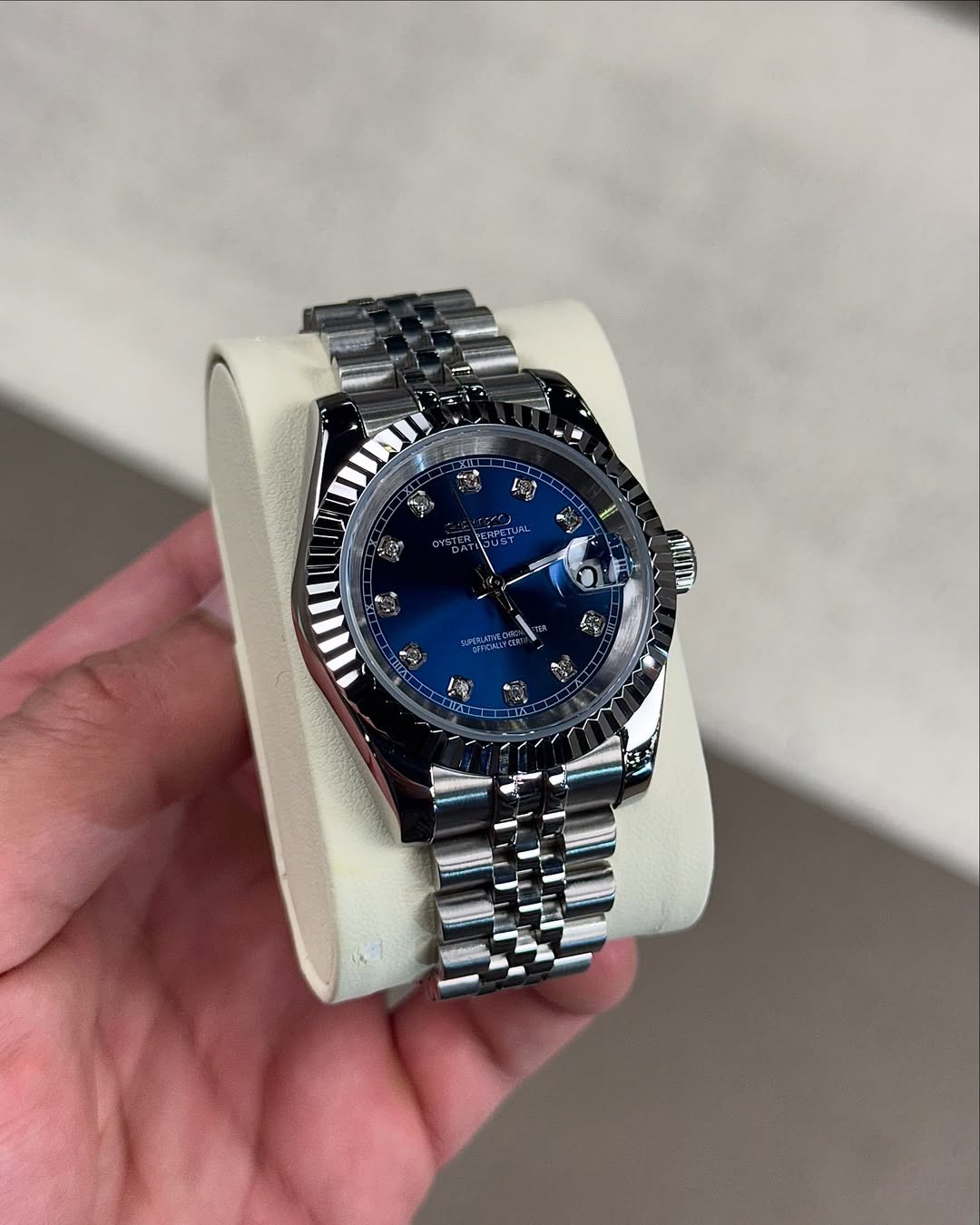 Blue Diamond Dial Seiko mod watch close-up with case and dial details