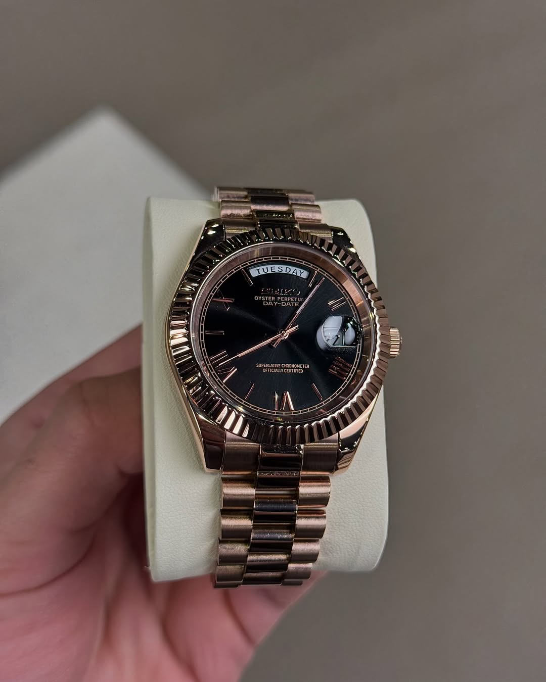 Gold Roman Seiko mod watch front view with detailed dial