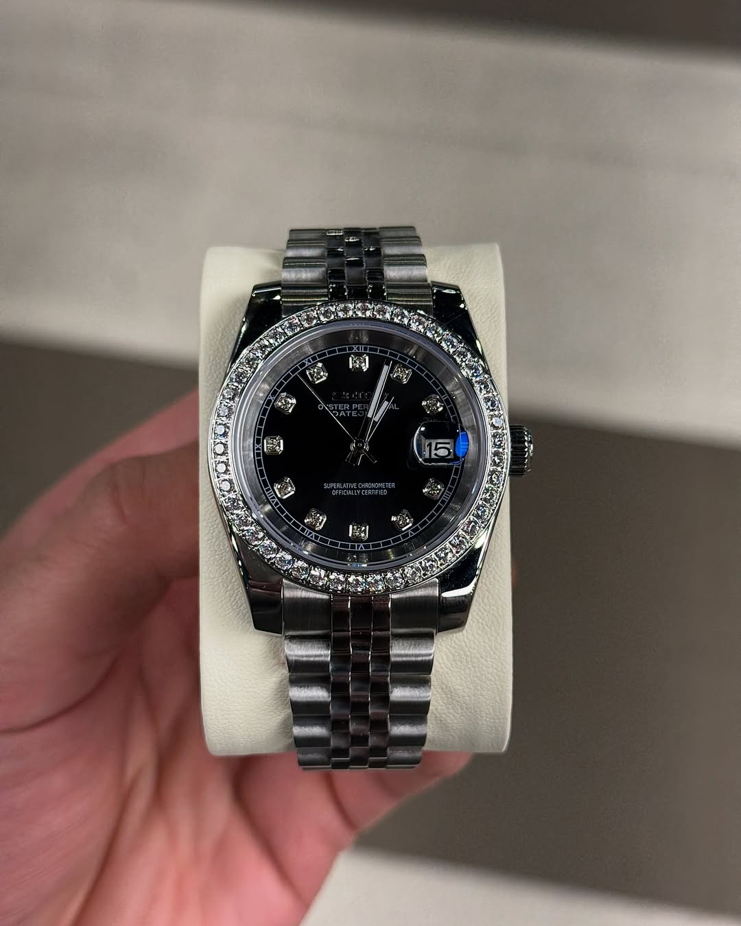 Black Diamond Dial Seiko mod watch front view with detailed dial