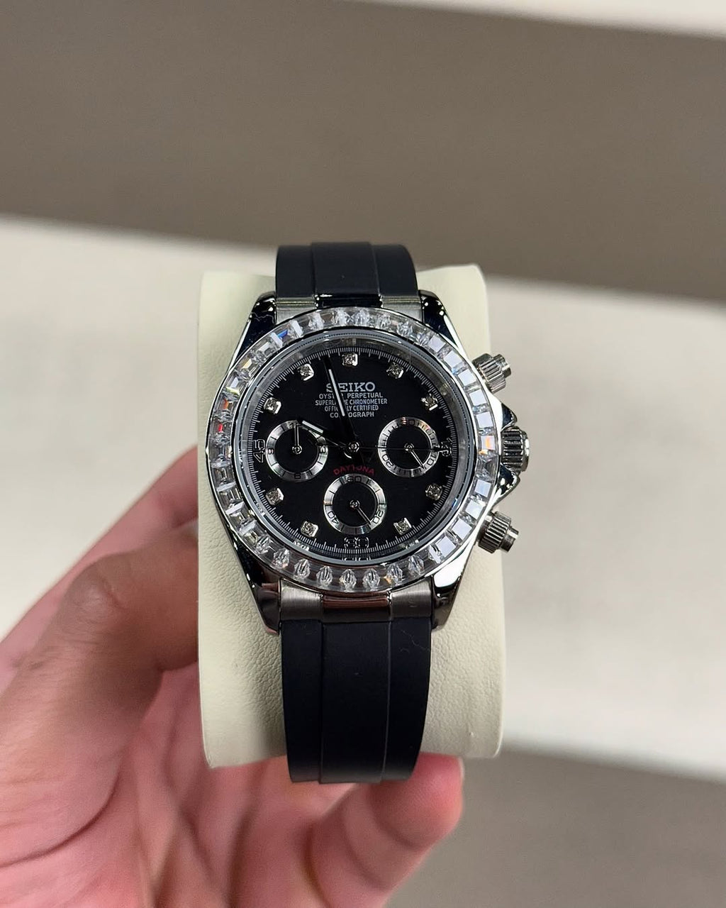 Diamond Flex Chronograph Seiko mod watch front view with detailed dial