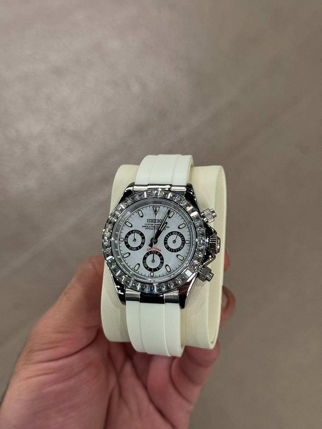 White Diamond Flex Chronograph Seiko mod watch on wrist with luxury design