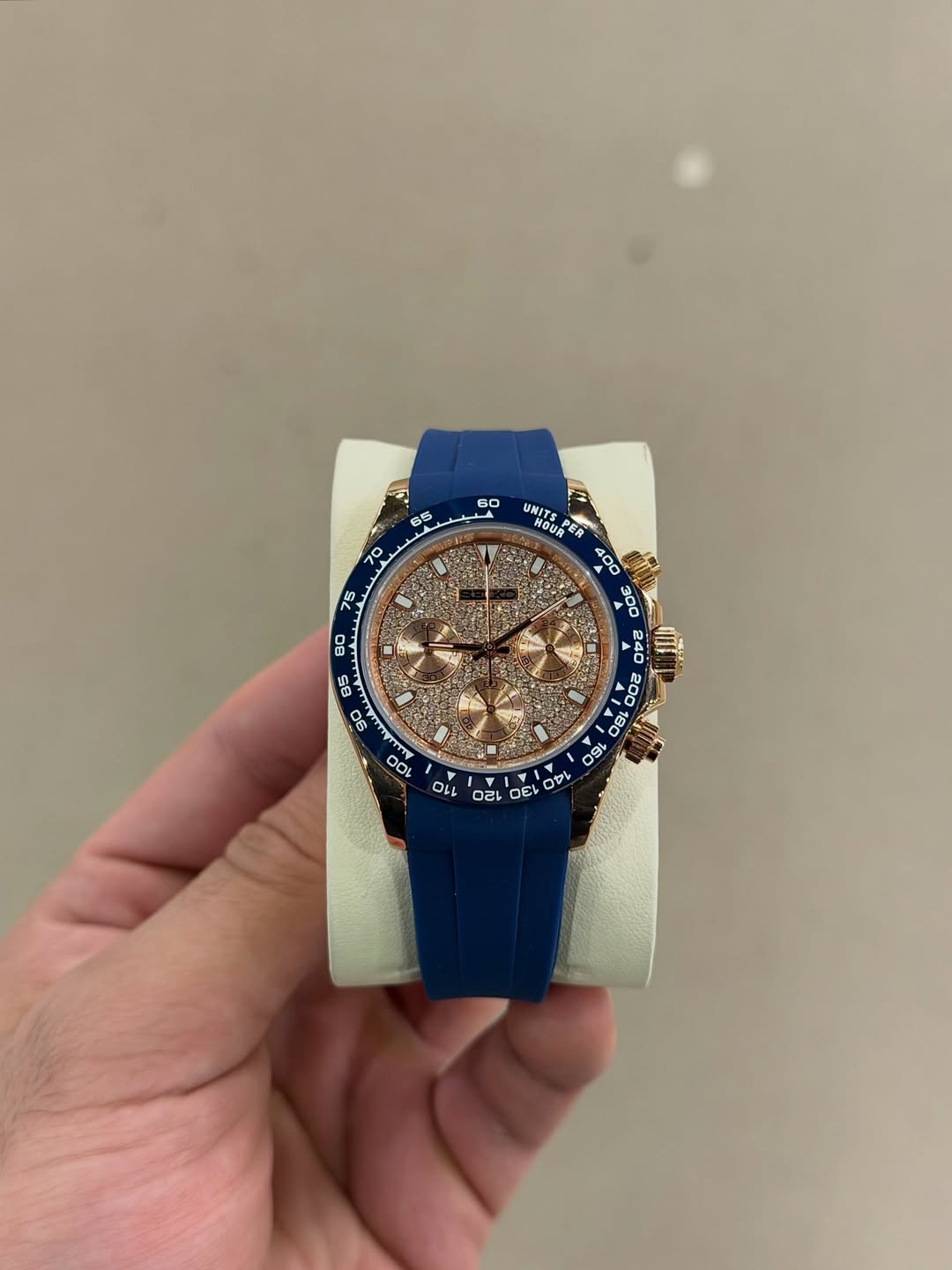 Dark Blue Chronograph Flex Seiko mod watch front view with detailed dial