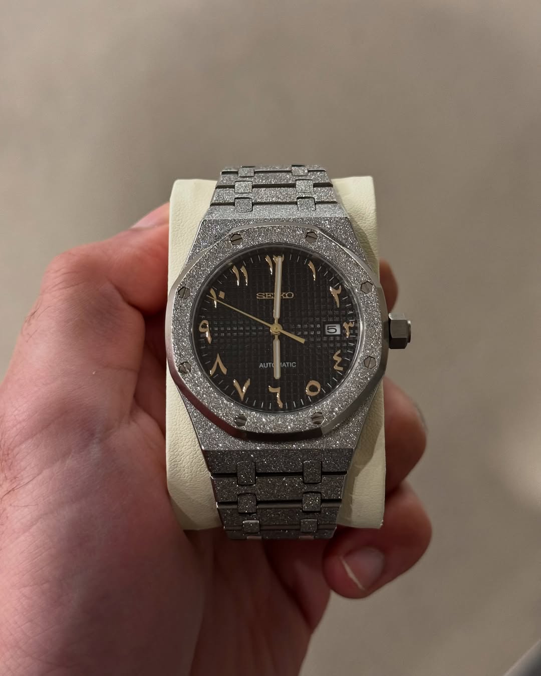 Octagonal Frozen Black Arabic Dial Seiko mod watch front view with detailed dial