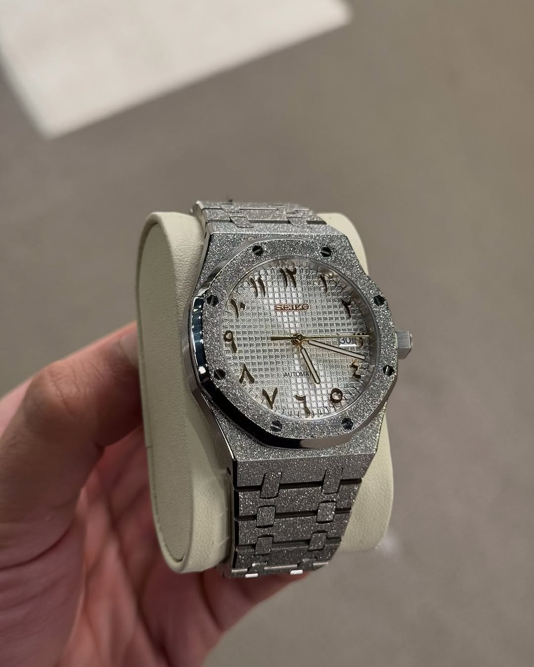 Octagonal Frozen White Arabic Dial Seiko mod watch close-up with case and dial details