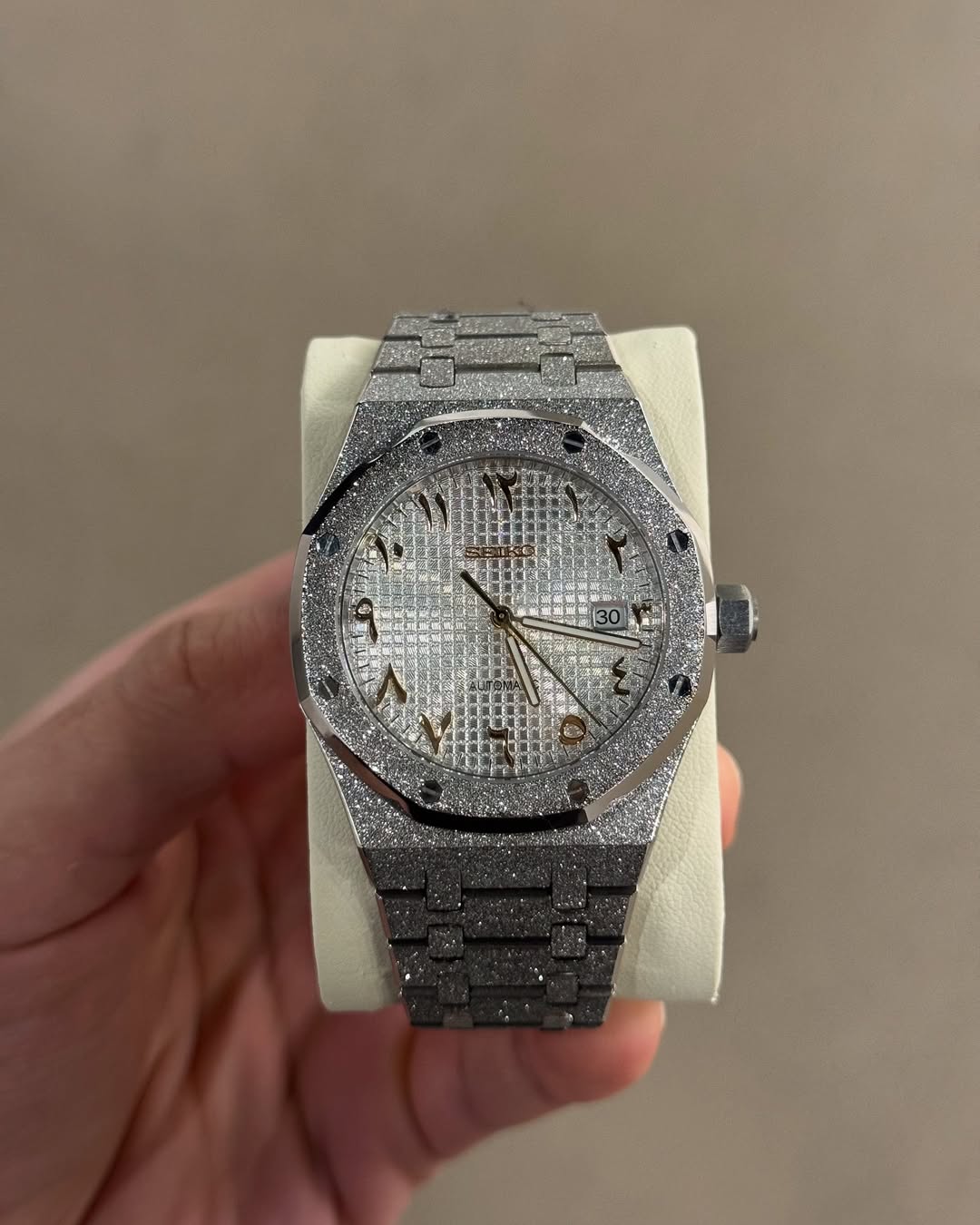 Octagonal Frozen White Arabic Dial Seiko mod watch front view with detailed dial