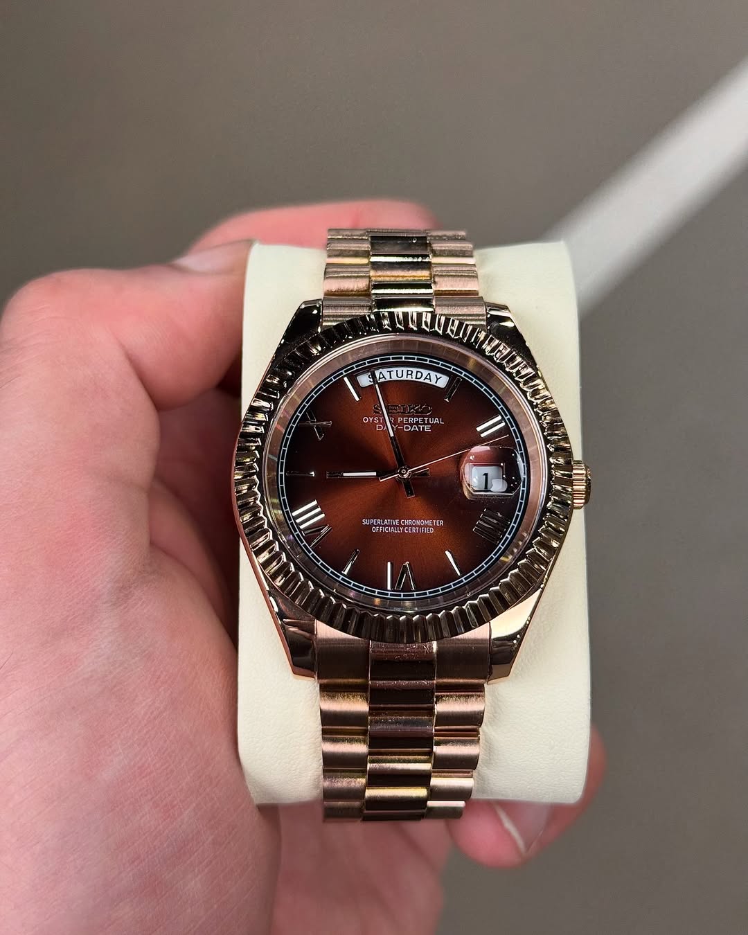 Champagne Gold Roman Seiko mod watch front view with detailed dial