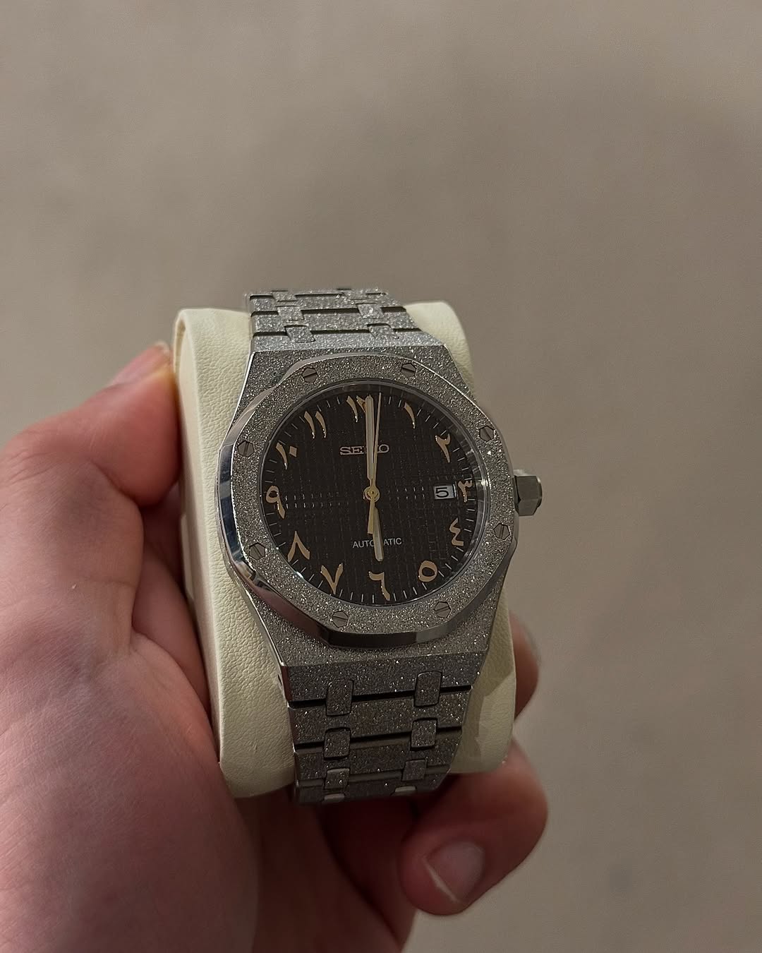 Octagonal Frozen Black Arabic Dial Seiko mod watch close-up with case and dial details