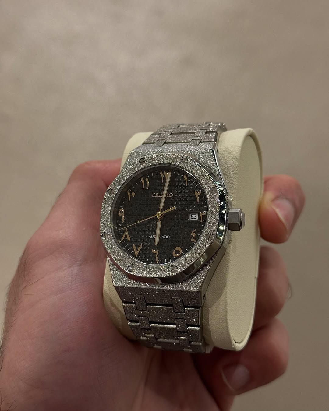 Octagonal Frozen Black Arabic Dial Seiko mod watch on wrist with luxury design