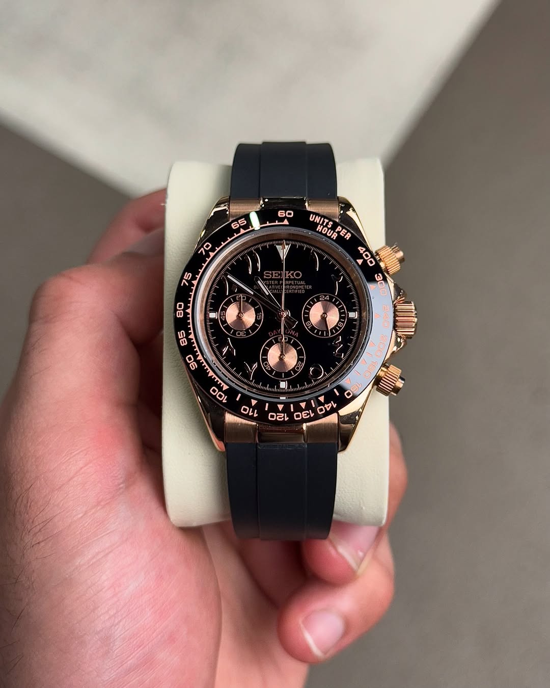 Bronze Arabic Chronograph Seiko mod watch front view with detailed dial