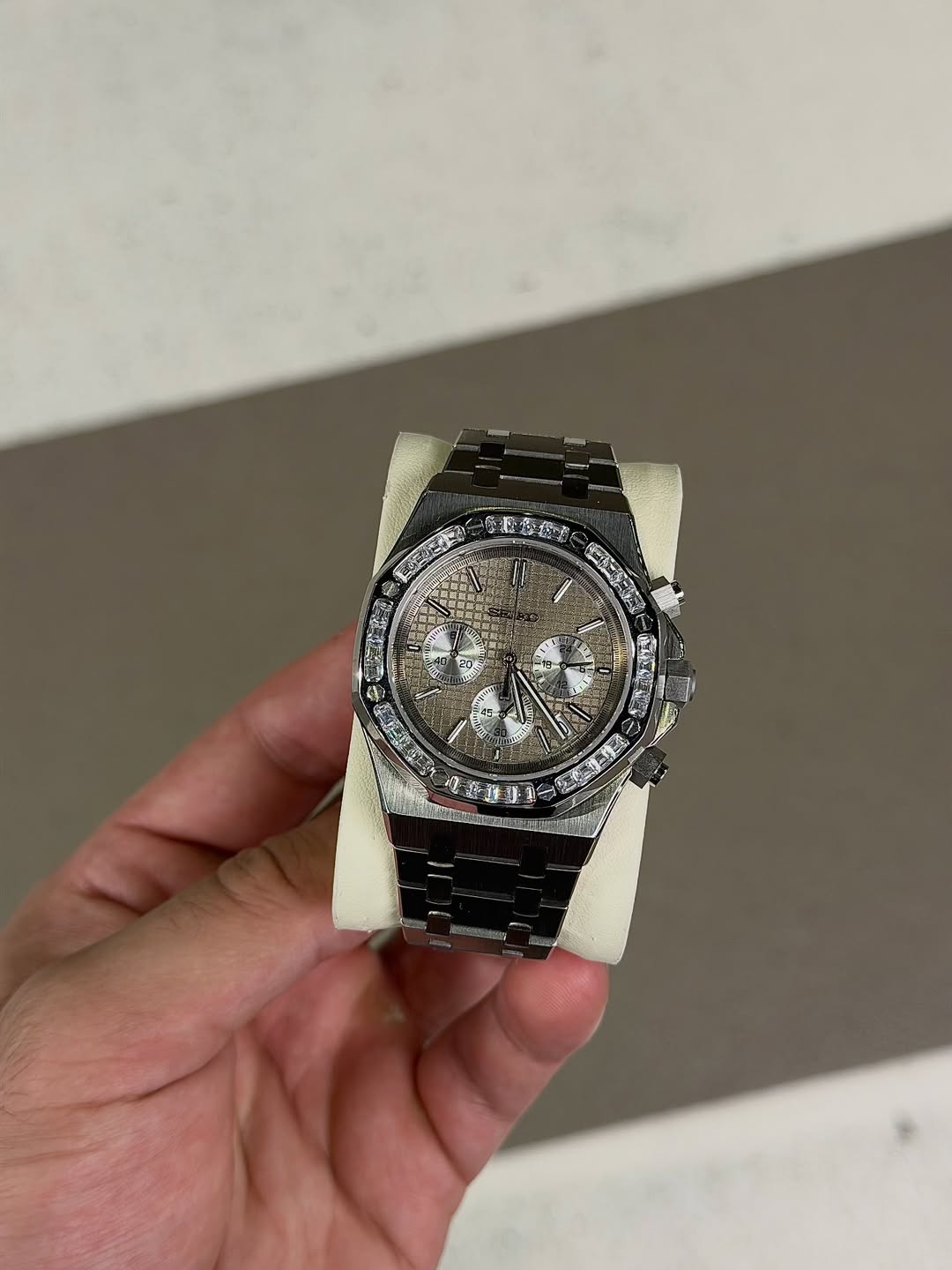 Octagonal Silver Diamond Dial Seiko mod watch on wrist with luxury design