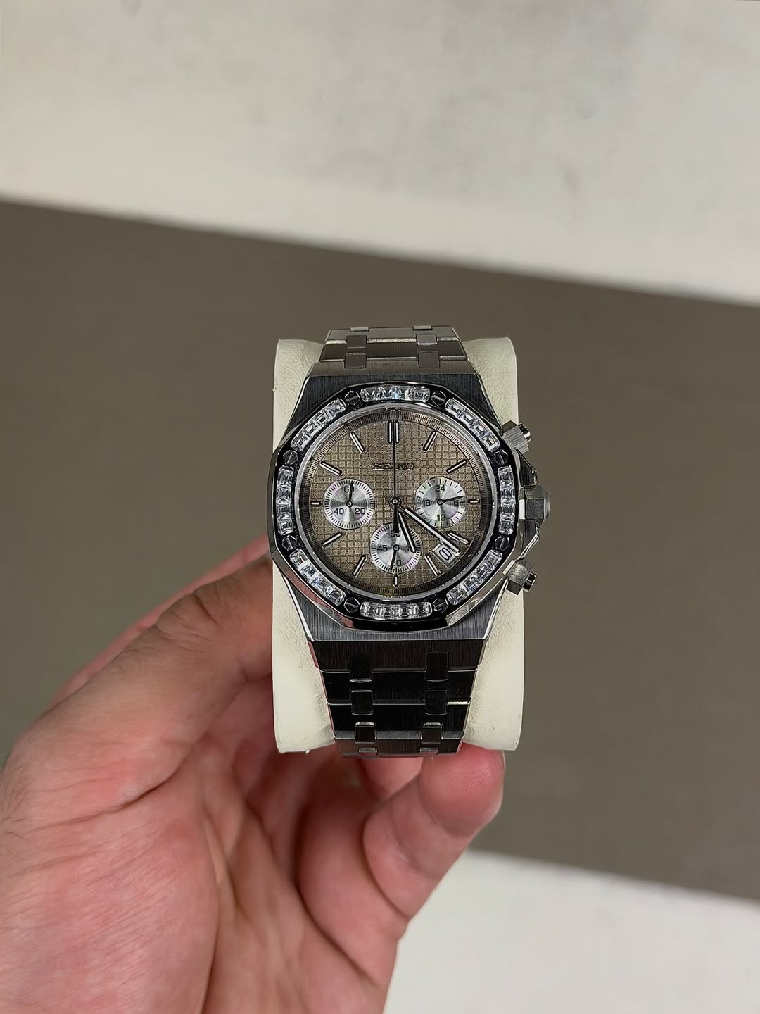 Octagonal Silver Diamond Dial Seiko mod watch front view with detailed dial