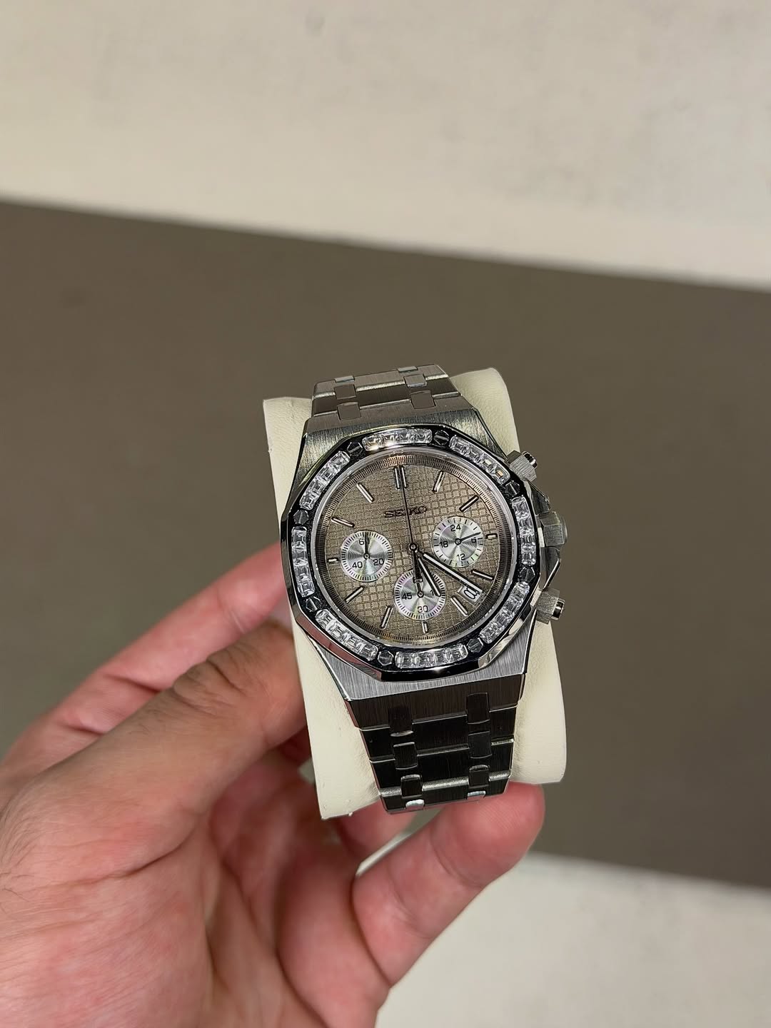 Octagonal Silver Diamond Dial Seiko mod watch close-up with case and dial details